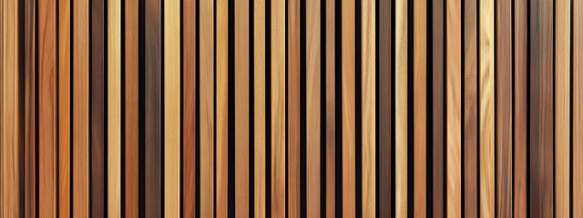 Obraz premium Wooden wall made of vertical panels. Line slats made of wood for a modern interior. Timber planks for cladding facades or fences. Material for cladding in construction. 