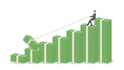 Businessman pulling a rope for banknote on money stack up bar chart of business growth, financial success, and investment strategy. Leadership and progress in the compete economy and financial market