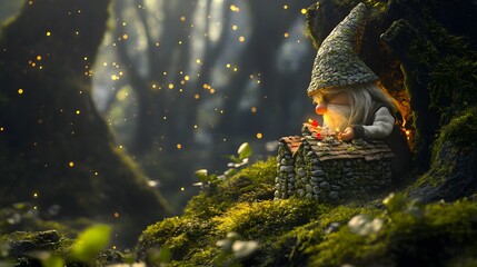 Enchanted Forest Gnome: A whimsical gnome sits on a mossy log in an enchanted forest, surrounded by glowing particles.  Magical, mystical, and serene. 