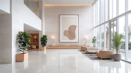 A luxurious corporate lobby with polished marble floors, large framed abstract art on the walls, sleek seating areas, soft lighting from modern fixtures,