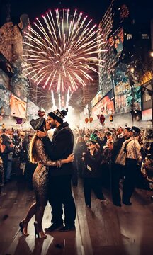 Couple s'embrassant dans les rues de New York devant la foule, sous le feu d'artifice du r&eacute;veillon du Nouvel An, moment romantique et festif en pleine c&eacute;l&eacute;bration