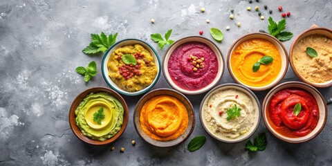 Colorful assortment of hummus dips on a grey textured background, hummus, dips, colorful, assortment, gray, textured, background