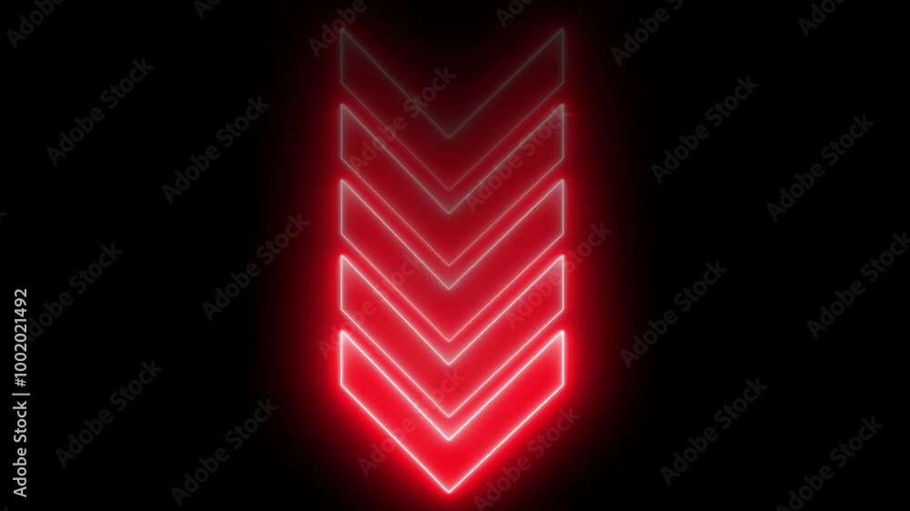Poster abstract set of glowing neon arrows. up to down rendering. glowing neon arrow pointers on black back