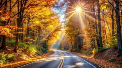 Sunlight filtering through autumn trees along highway road, sunlight, autumn, trees, highway, road, fall foliage