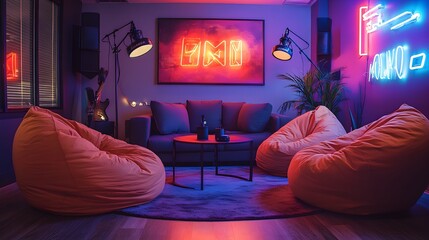 Casual podcast studio with cozy beanbag chairs, handheld microphones, and vibrant neon wall art, set in a fun and creative space. Soft lighting for a relaxed vibe