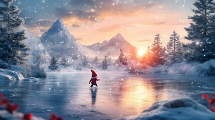 Fototapeta premium Winter Wonderland: A solitary gnome, adorned in a red cap, journeys across a frozen lake amidst a breathtaking winter landscape.