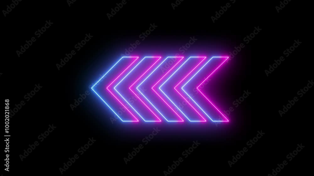 Poster abstract set of glowing neon arrows. left to right rendering. glowing neon arrow pointers on black b