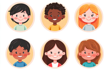Happy kids avatars. Cute children smiling, boy girl in rounds set. Illustration girl and boy avatar, happy kids, child happiness