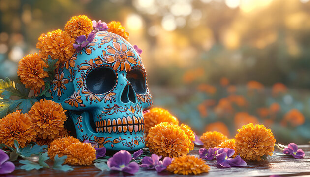 Colorful sugar skull adorned with intricate floral patterns, surrounded by vibrant flowers, evoking themes of remembrance and honoring the departed....