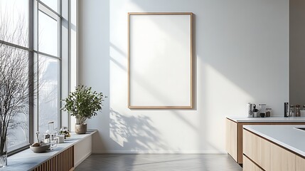 A minimalist kitchen featuring a large framed artwork on a plain white wall, clean countertops, sleek cabinetry, and soft natural light coming from a nearby window,