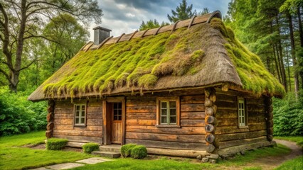 Fototapeta premium Traditional Polish wooden house with thatched roof made of dried hay covered in green moss , rural