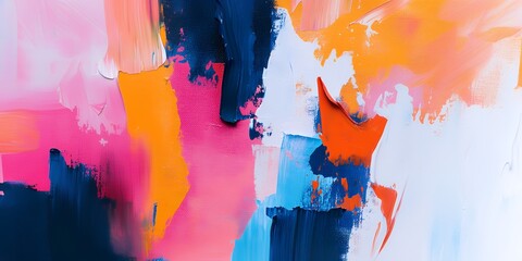 Abstract art with bold strokes of pink, orange, blue, and white paint.