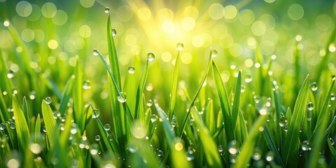 Fototapeta premium Vibrant green grass texture background with dew drops, lawn, nature, greenery, blades, field, environment, fresh, growth