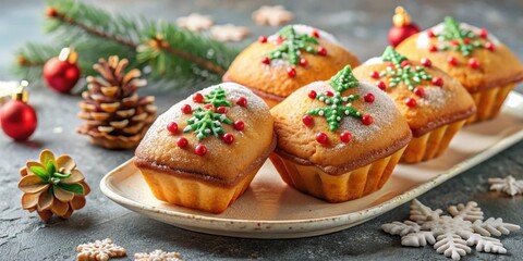 French madeleine sponge cake decorated with Christmas motifs, madeleine, sponge cake, French, dessert, Christmas, holiday
