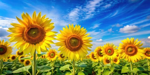 Fototapeta premium Bright yellow sunflower flowers against blue sky in rural landscape, sunflower harvest, sunflower, bright, yellow, flowers