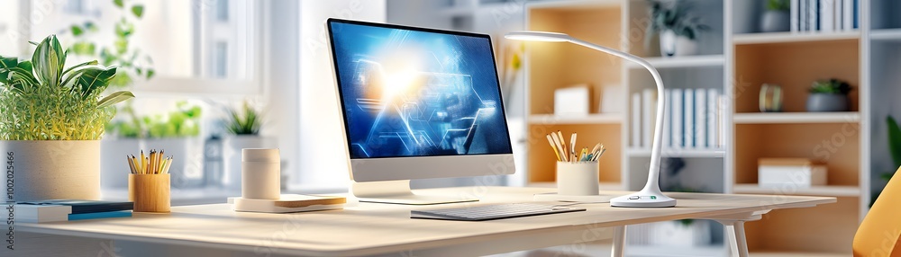 Poster modern home office desk with computer and desk lamp.