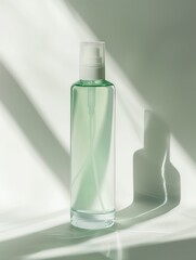 Elegant spray bottle with transparent liquid placed on a surface, illuminated by soft, natural light casting shadows in a minimalist setting.