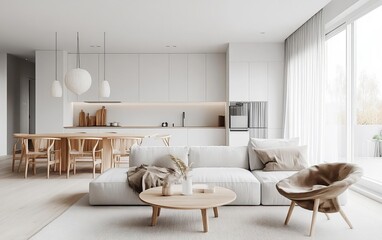 Modern minimalist living room with white walls, wooden furniture and natural light.