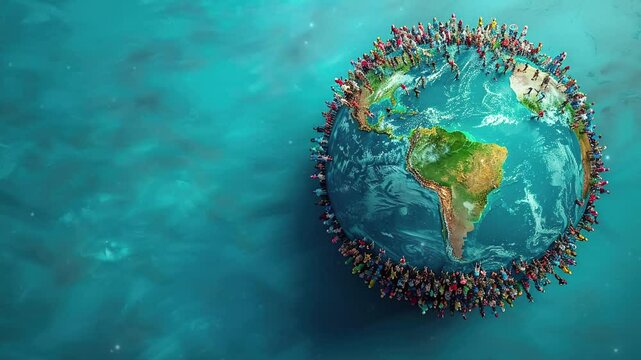 Earth with many people stand around, World population day concept, Human population on the planet.