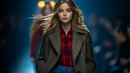 Fashion model striding in a high-end casual outfit, the movement of the coat swaying behind, runway lights casting warm highlights on her face, audience slightly out of focus, natural confident pose,