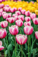 Fototapeta premium A vibrant garden with pink and yellow tulips in full bloom on a sunny day.