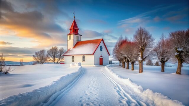 Snow covered path leading to large church with red roof , winter, snow, path, church, religious, building, architecture, red roof - Powered by Adobe