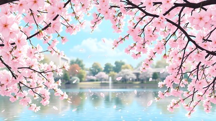 Fototapeta premium Cherry Blossoms, Lake Reflection