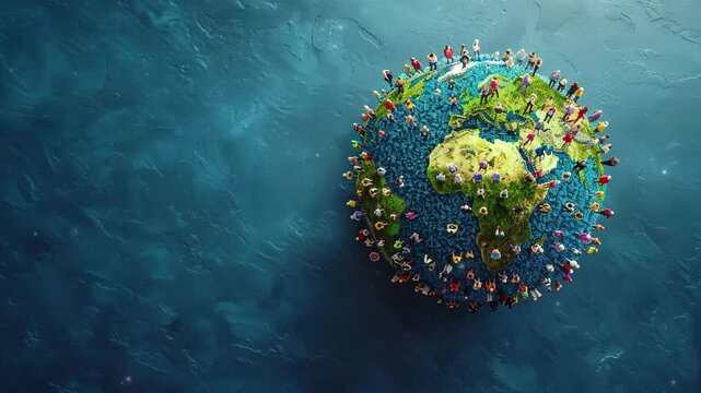 Earth with many people stand around, World population day concept, Human population on the planet.