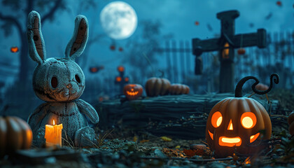 scary plush bunny doll pumpkin graveyard cemetery spooky dark night full moon burning candles holiday halloween banner 