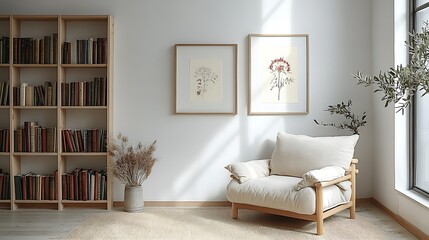 Fototapeta premium A peaceful reading nook with a plush armchair, a bookshelf filled with novels, framed artwork hanging on the wall, soft sunlight pouring in from a nearby window,