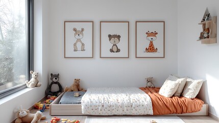 A playful children’s bedroom with framed artwork of animals and cartoons, colorful bedding on the bed, toys scattered around, soft natural light pouring in through a large window,