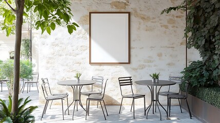 A quaint outdoor cafe patio with metal tables and chairs, a framed poster on the exterior stone wall, shaded by a canopy, soft sunlight filtering through trees, surrounded by plants and greenery,