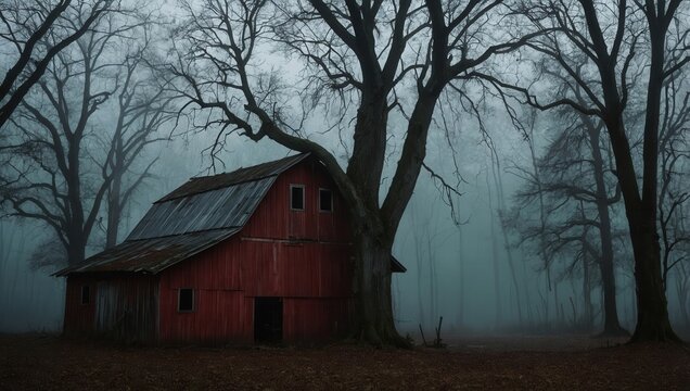 Dilapidated red barn in foggy wooded area under overcast sky, creating eerie mood