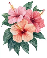 Obraz premium A vibrant watercolor painting of pink and orange hibiscus flowers with lush green leaves.