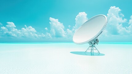 A large satellite dish stands alone on a white sandy beach with clear blue water and white clouds in the background.