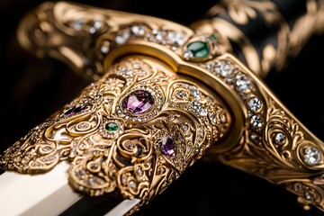 The intricate design of the gold sword hilt, encrusted with sparkling jewels, captures the essence of a powerful weapon