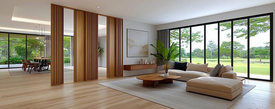 Wooden folding screen dividing a spacious living room