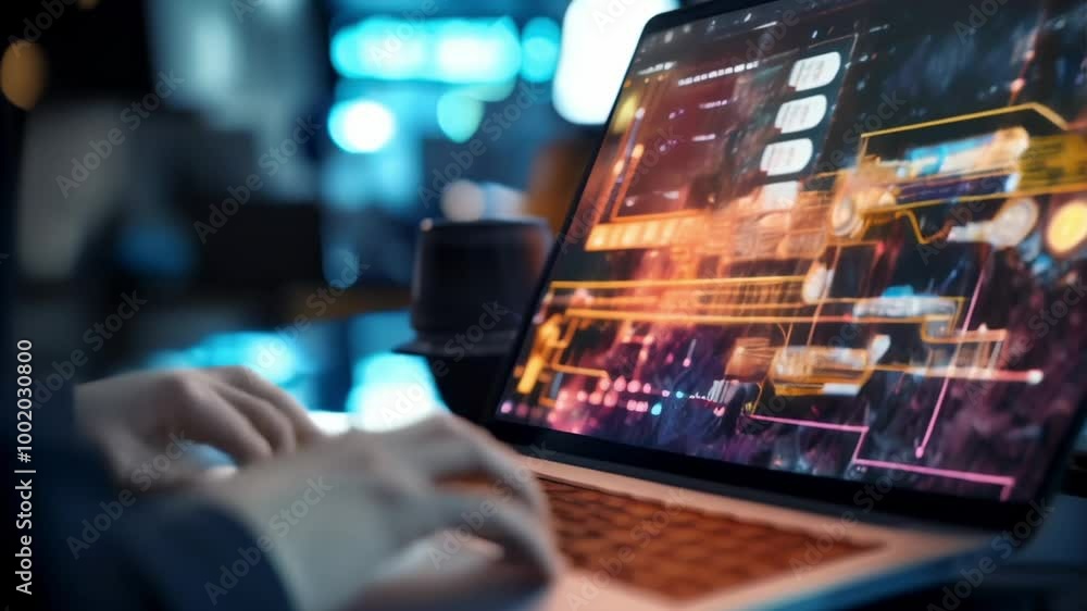Aufkleber Programmer is working on a software development project late at night with abstract code displayed on their laptop screen