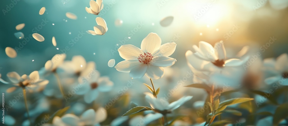 Sticker A field of delicate white flowers with petals fluttering in the breeze at sunset.