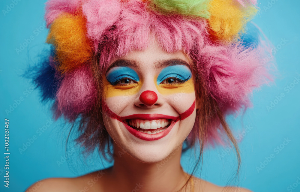 Wall mural portrait of a smiling young woman dressed as a clown, with pink hair and colorful makeup, in a studi