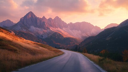 A winding road leads through a mountain valley at sunset, with a vibrant sky and fall foliage.