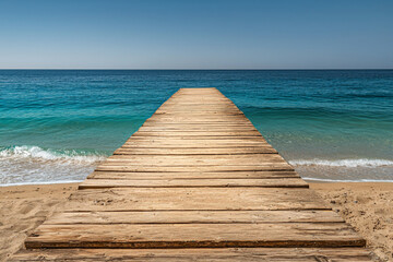 Obraz premium A serene wooden pier extends into calm turquoise waters, inviting relaxation and contemplation on a sunny beach.
