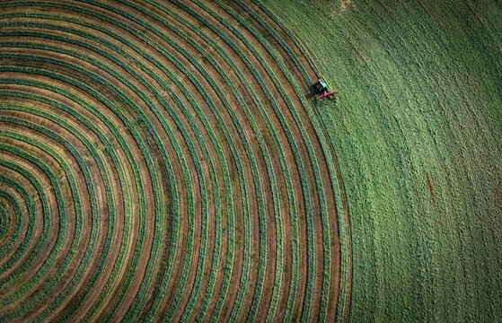 Tractor cutting hay in circle feild