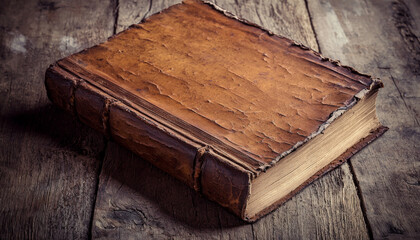 An antique leather-bound book resting on a rustic wooden surface, evoking a sense of history and knowledge.