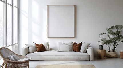 A serene minimalist living room with neutral tones, a large framed artwork hanging on a smooth white wall, soft gray furniture, minimal decor,