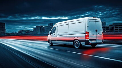 A white van in motion on a city road, illuminated by streaks of light at dusk.