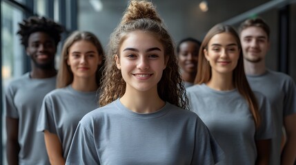 Obraz premium Group photo of a community wearing gray shirts at an event, subtly conveying sophistication and balance in their collective spirit, copy space, community engagement, futuristic, Composite