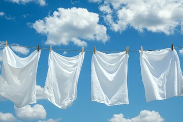 Freshly washed clothes drying on a line under a bright blue sky.