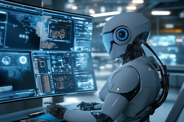 Humanoid robot analyzing data on multiple screens in a futuristic workspace.