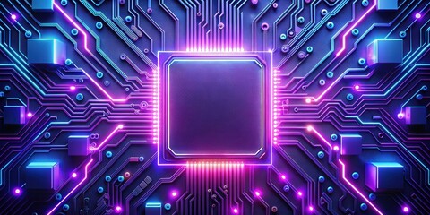 Futuristic circuit board with glowing neon lights in purple and blue tones, technology, futuristic, circuit, board, neon lights